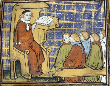 Medieval professor with his students